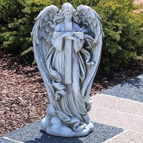 Angel Holding Cross Garden Sculpture 25.5" High