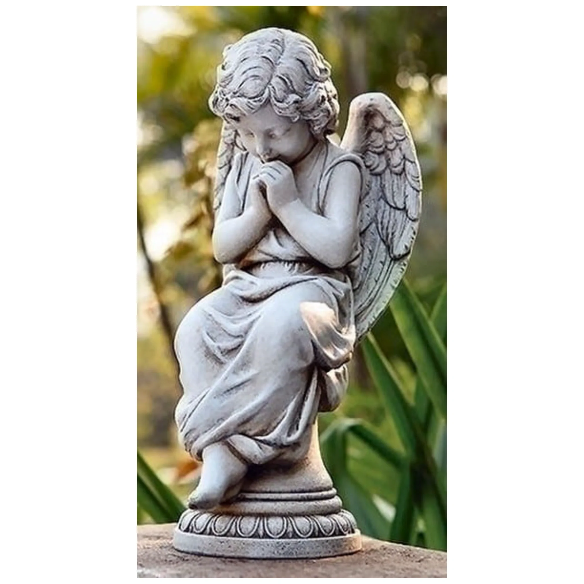 Angel Seated on Pedestal Garden Statue 17" High