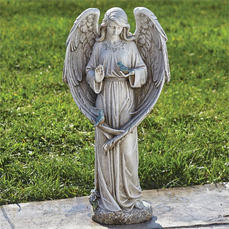 Angel with Two Blue Birds Garden Statue 20" High