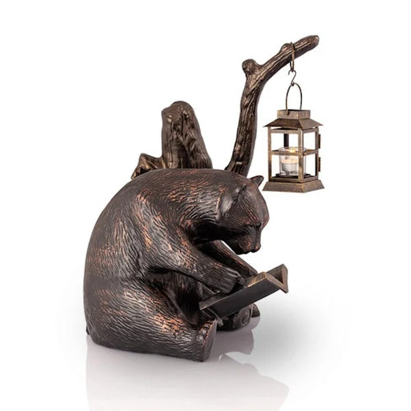 Bear Garden Lantern Book Lover Statue - Image 4