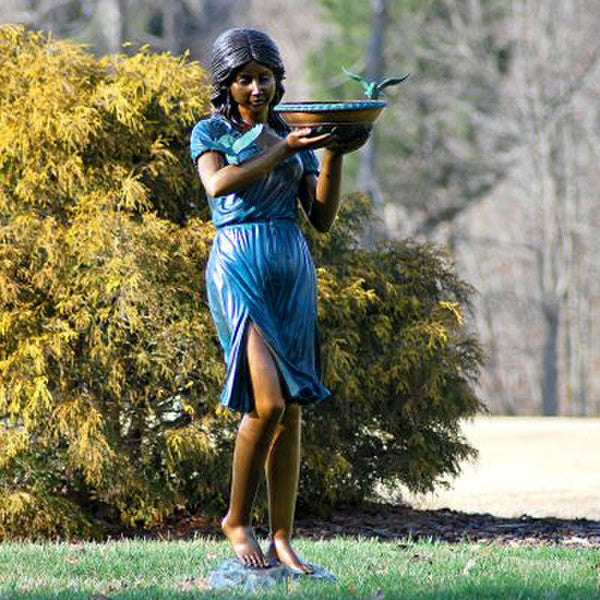 Blue Dress Birdbath Girl Bronze Fountain Sculpture - Image 2