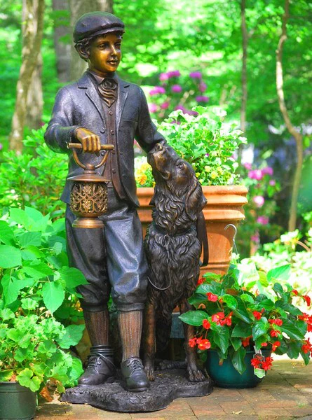 Boy & Dog With Lamp Bronze Sculpture