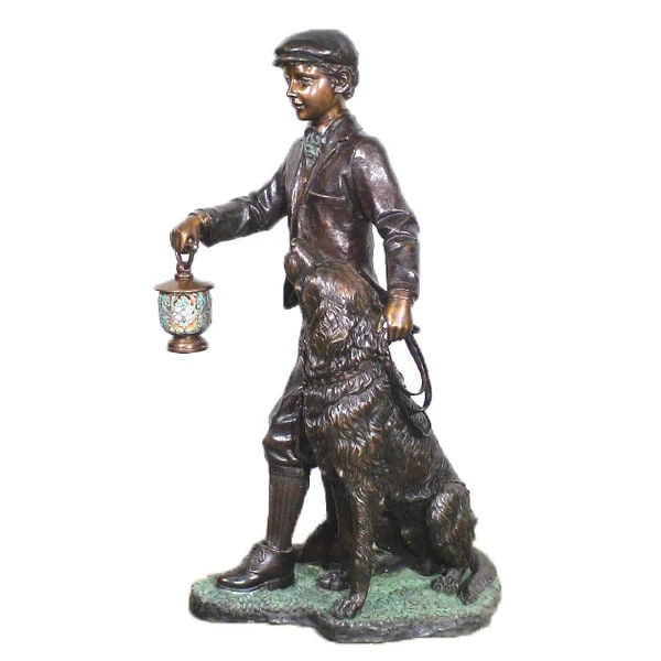 Boy & Dog With Lamp Bronze Sculpture - Image 2