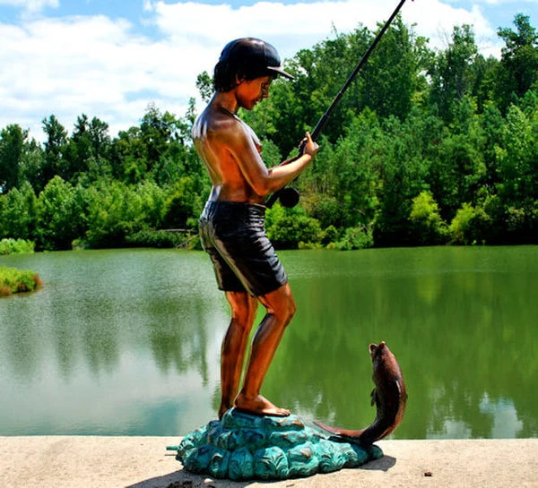 Boy Fishing Water Feature Fountain Bronze Statue - Image 3