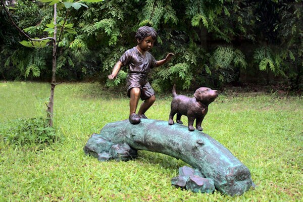 Boy Following Dog Across Log Bronze Statue - Image 2