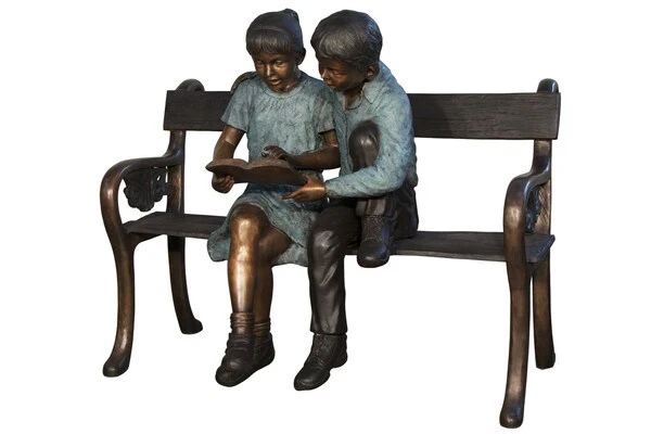 Boy & Girl Reading On Bench Bronze - Image 3