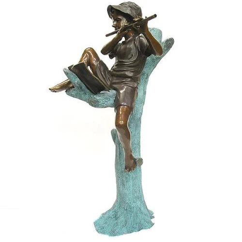 Boy Playing Flute Piped Water Feature Bronze Statue - Image 2