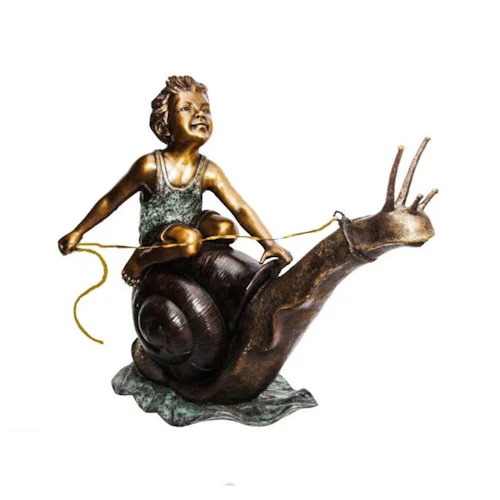 Boy Riding Snail Bronze Water Feature Statue - Image 2