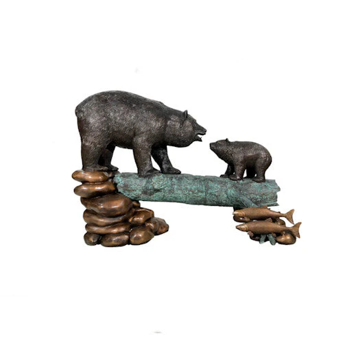 Bronze Bear Sculpture On Log With Cub