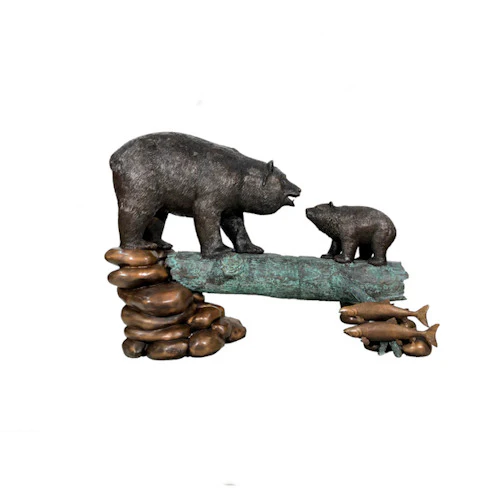 Bronze Bear Sculpture On Log With Cub - Image 3
