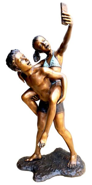 Bronze Girl and Boy Taking a Selfie Sculpture - Image 2