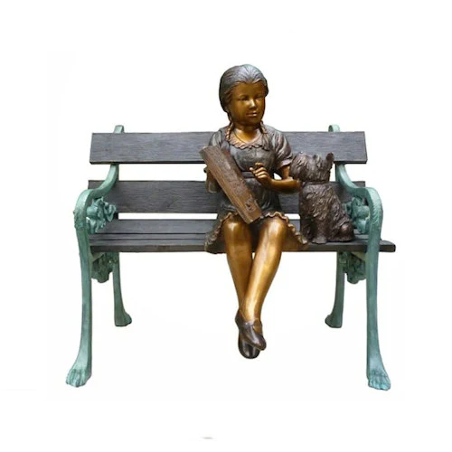 Bronze Reading Girl Sitting on Bench with Dog Statue - Image 2