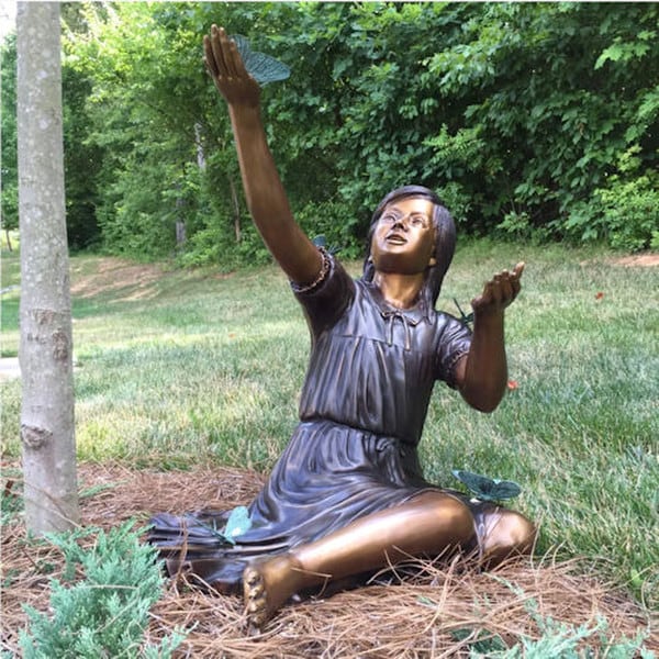 Bronze Sitting Girl with Butterflies Sculpture - Image 2
