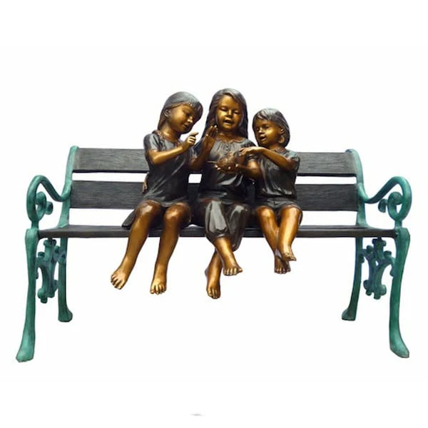Bronze Three Girls on Bench Playing with Bird
