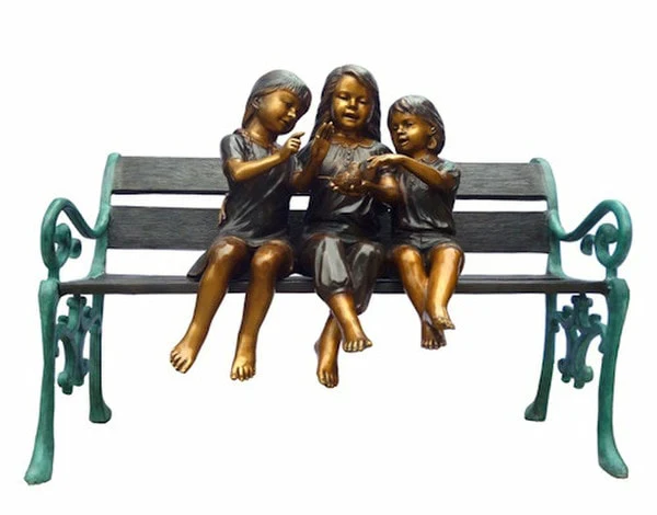 Bronze Three Girls on Bench Playing with Bird - Image 2