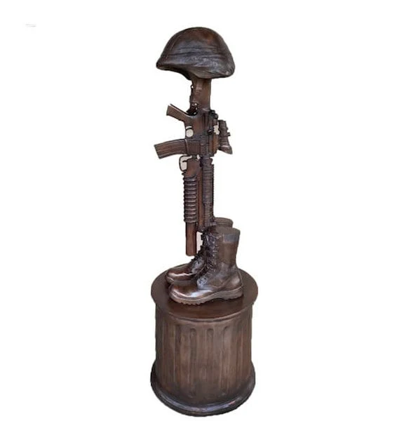 Bronze War Memorial with Gun Rifle & Boots on Column