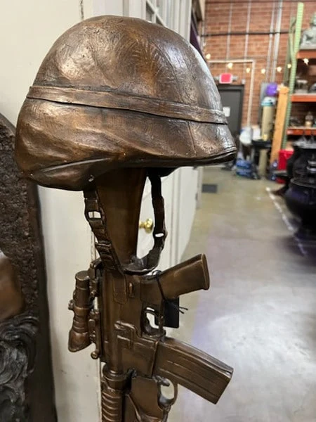 Bronze War Memorial with Gun Rifle & Boots on Column - Image 3