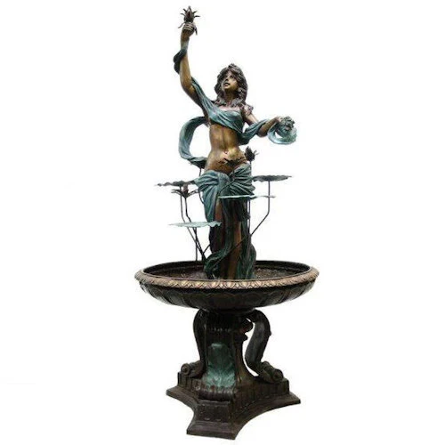 Bronze Garden Goddess Woman in Lotus Fountain - Image 2