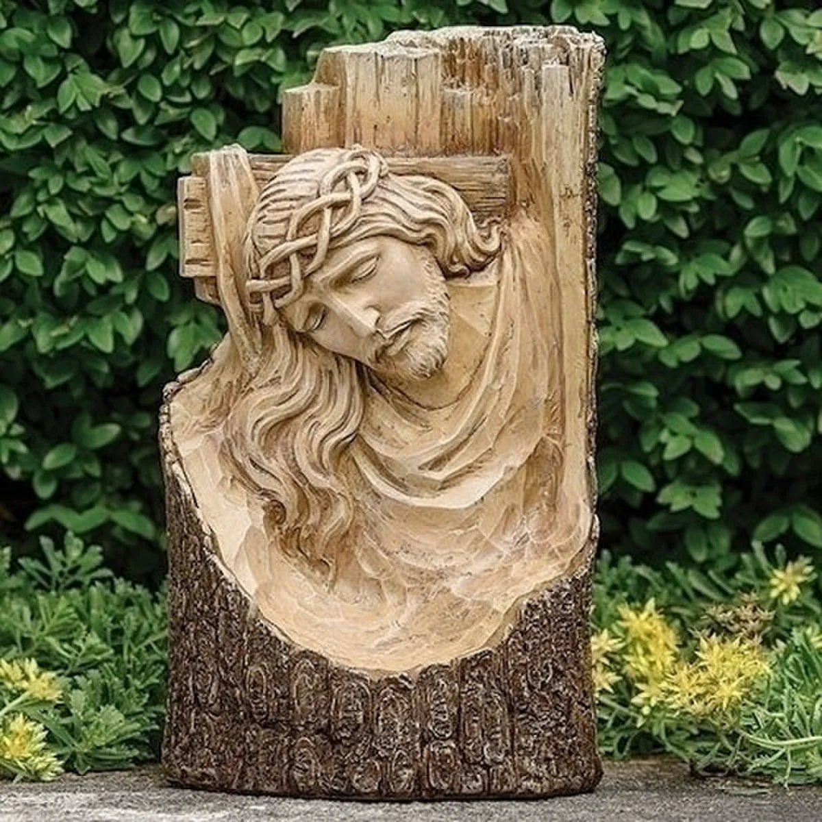 Carved Log Style Crucifixion Cross Jesus Memorial Garden Statue