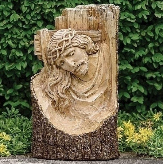 Carved Log Style Crucifixion Cross Jesus Memorial Garden Statue - Image 2