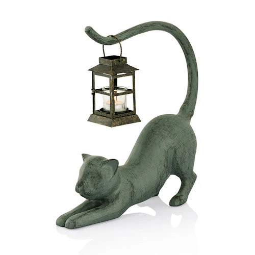 Cat Stretching Garden Lantern Candle Holder Statue - Image 3