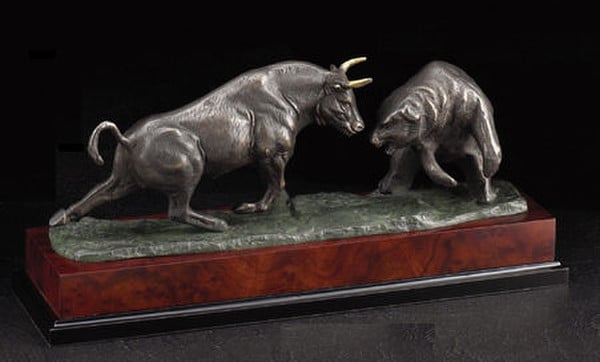 Charging Bull & Bear On Burlwood Base