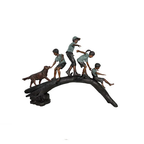 Childhood Adventure Bronze Statue Four Children and Dog on Log