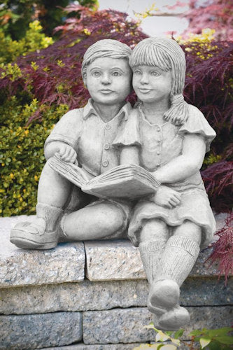 Children Reading Seedlings Sitting on Ledge Garden Statue - Image 2