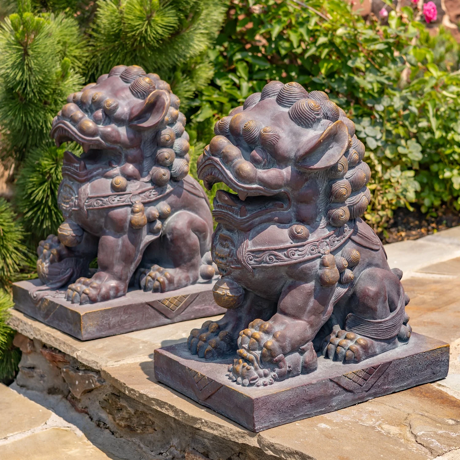 Chinese Guardian Lion Sculptures Foo Dogs 34.25" H - Image 2