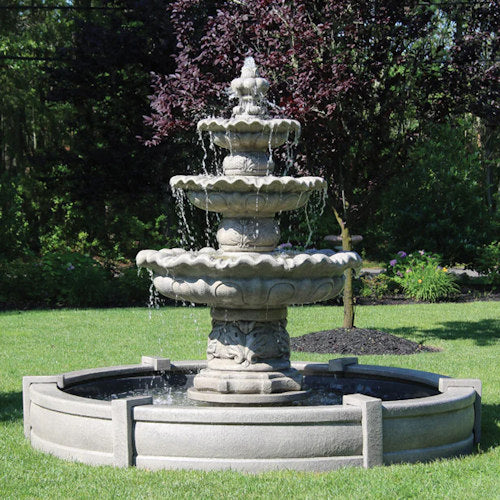 Classical Estate Sized Three Tier Scallop Fountain on 8' Pool