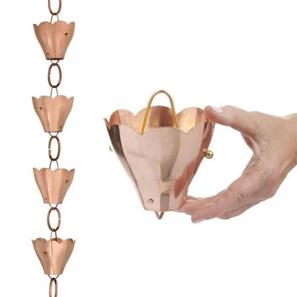 Copper Tulip Rain cup Chain Downspout