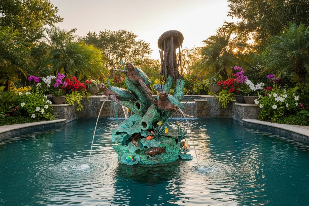 Oceanic Fantasy Turtle & Jellyfish Fountain Water Feature Bronze