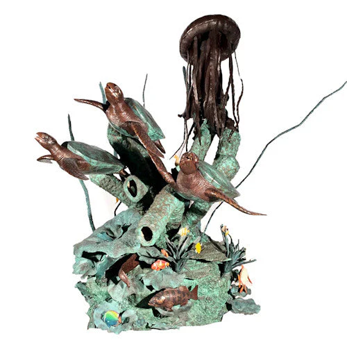 Oceanic Fantasy Turtle & Jellyfish Fountain Water Feature Bronze - Image 2