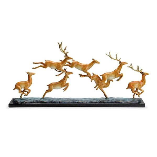 Leap Deer Herd Brass Sculpture on Marble Base - Image 2