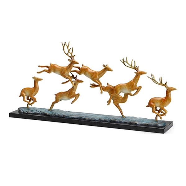 Leap Deer Herd Brass Sculpture on Marble Base - Image 3