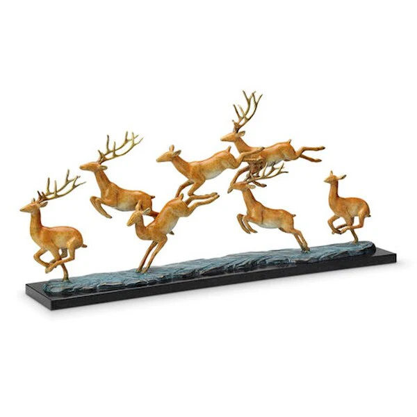 Leap Deer Herd Brass Sculpture on Marble Base - Image 4