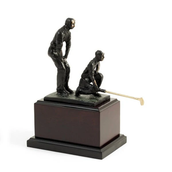 Double Golfers Statue on Wood Base