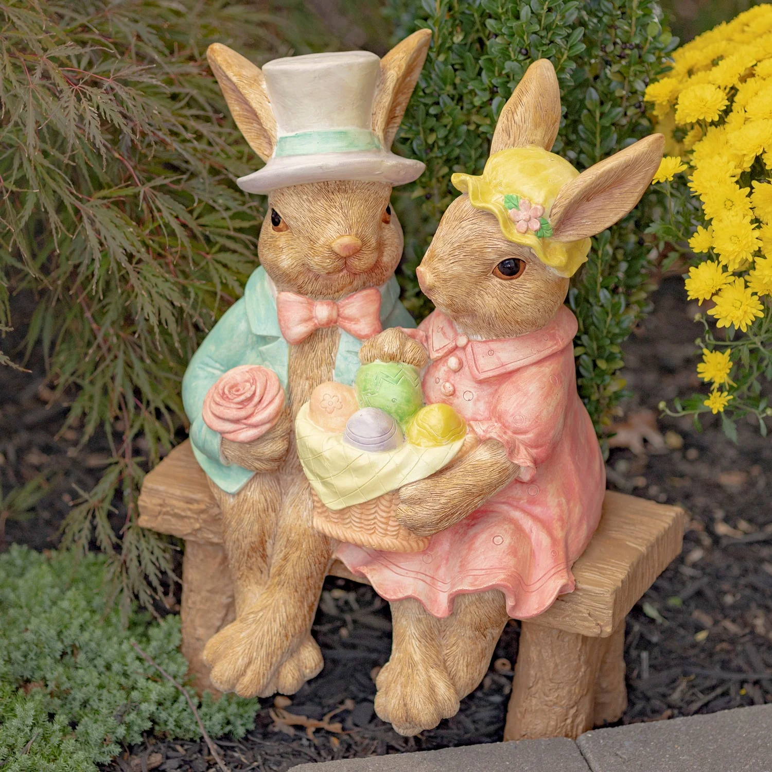 Easter Bunny Couple Bench Statue with Basket of Eggs - Image 3