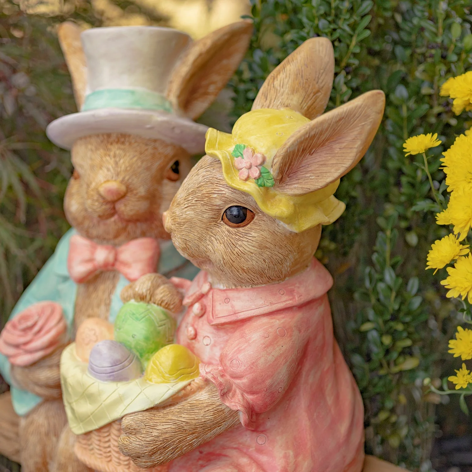 Easter Bunny Couple Bench Statue with Basket of Eggs - Image 4