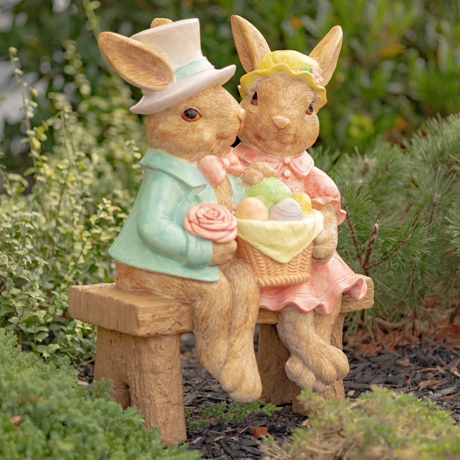 Easter Bunny Couple Bench Statue with Basket of Eggs - Image 5
