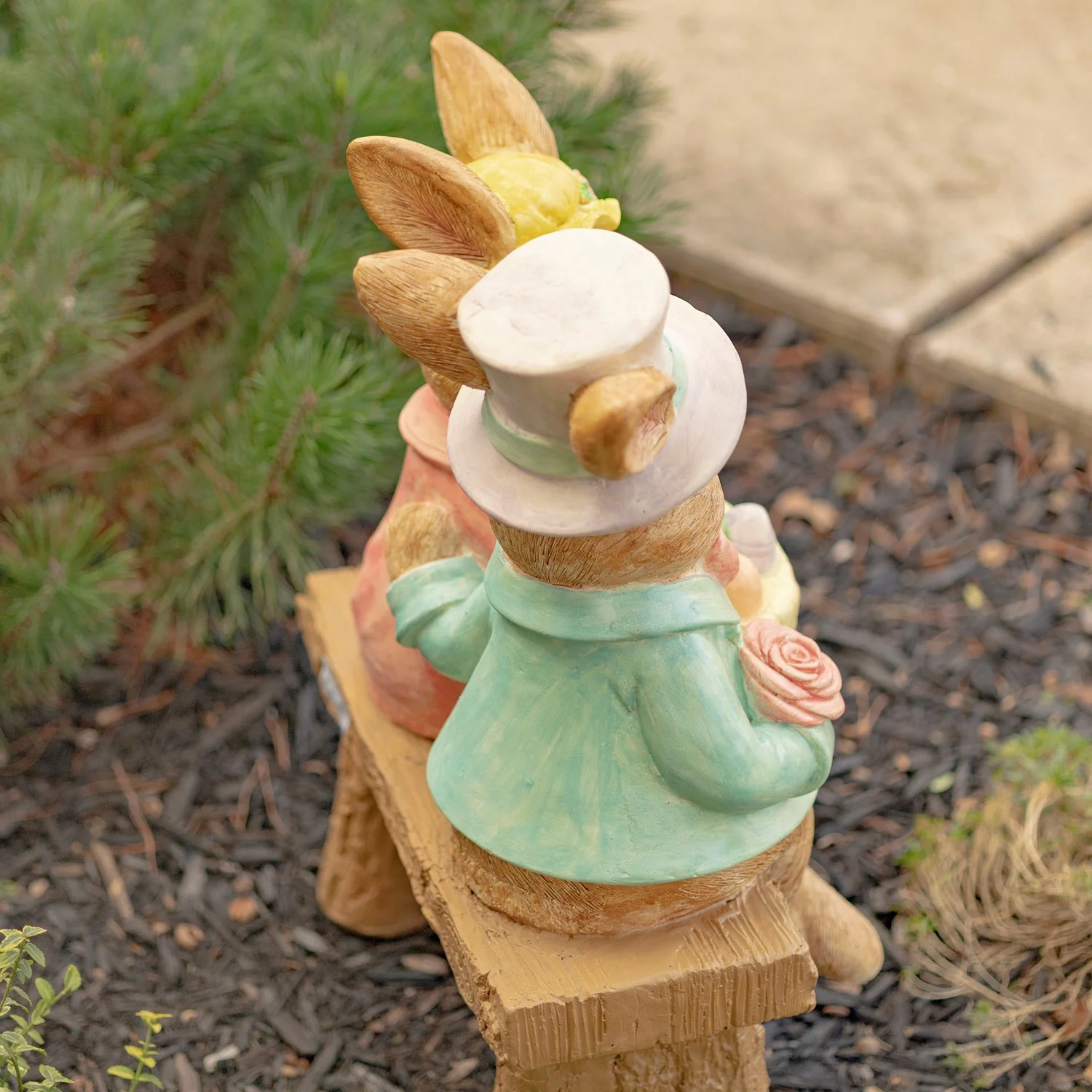 Easter Bunny Couple Bench Statue with Basket of Eggs - Image 6