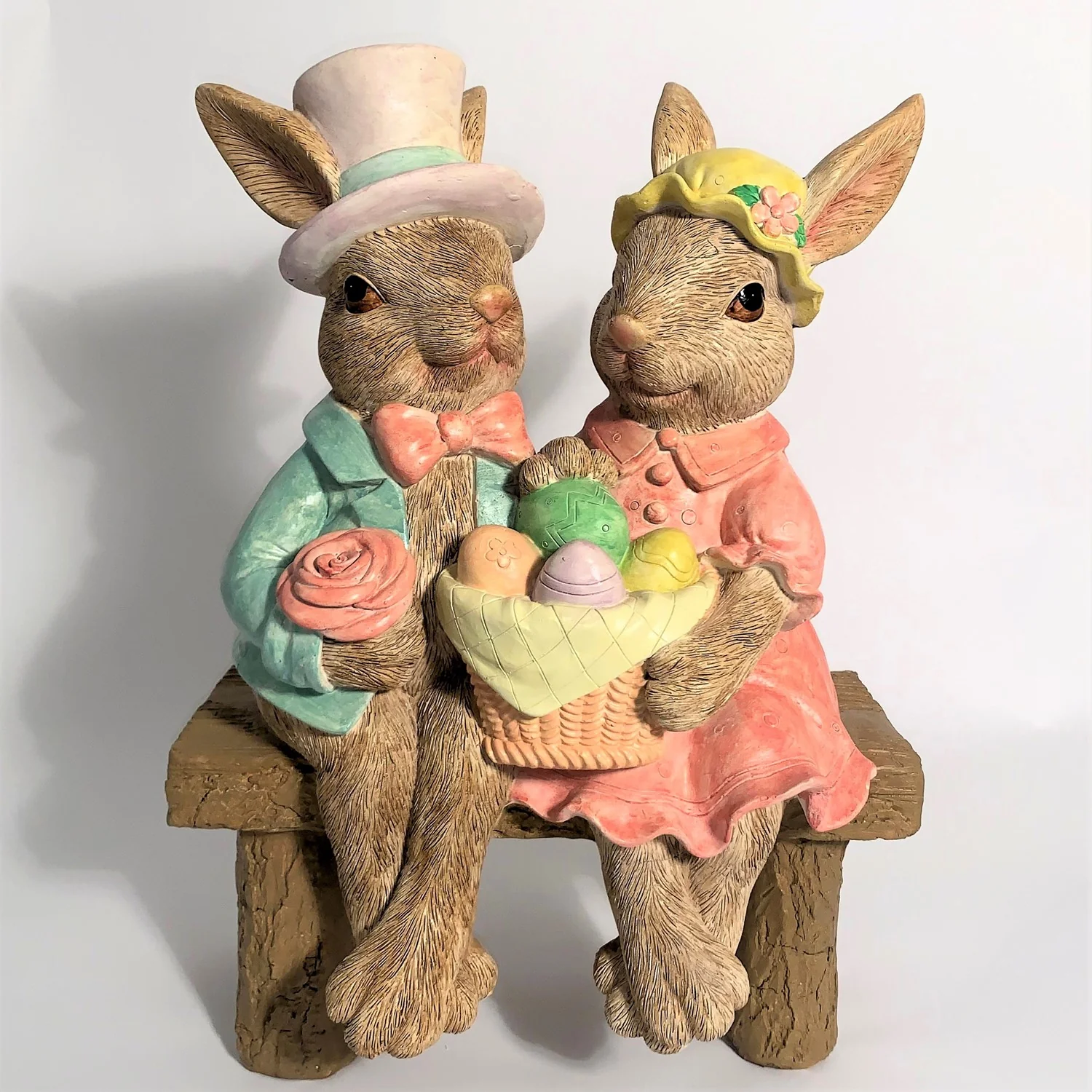 Easter Bunny Couple Bench Statue with Basket of Eggs - Image 8