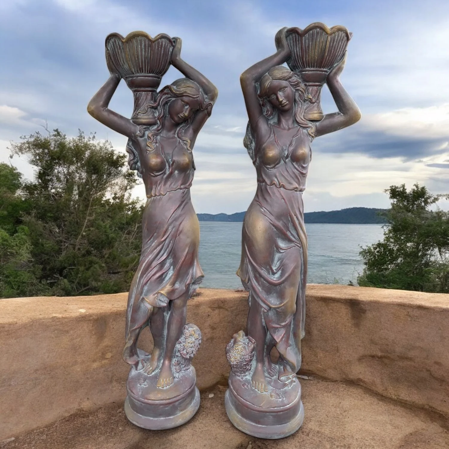 Estate Courtyard Maidens with Flower Planters – Set 71" High