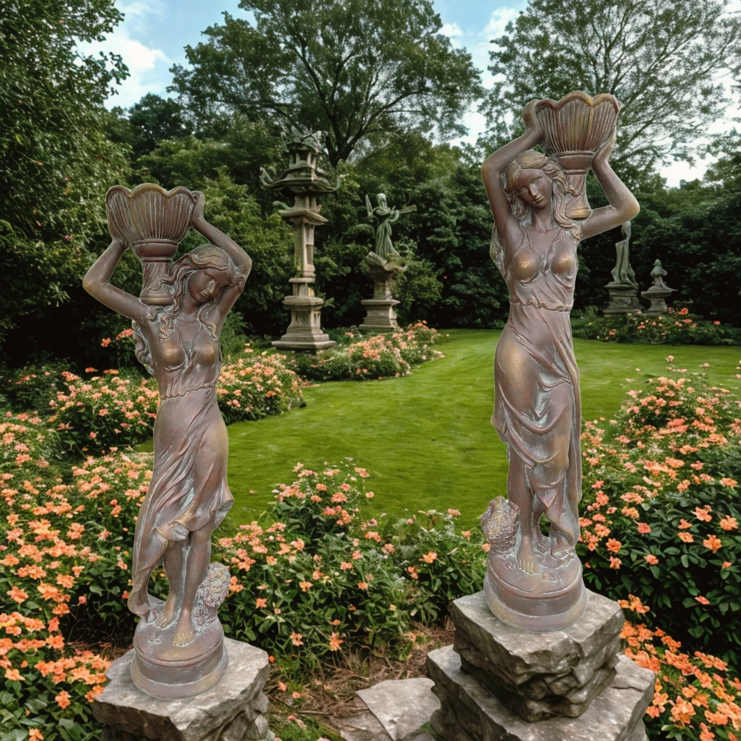 Estate Courtyard Maidens with Flower Planters – Set 71" High - Image 2