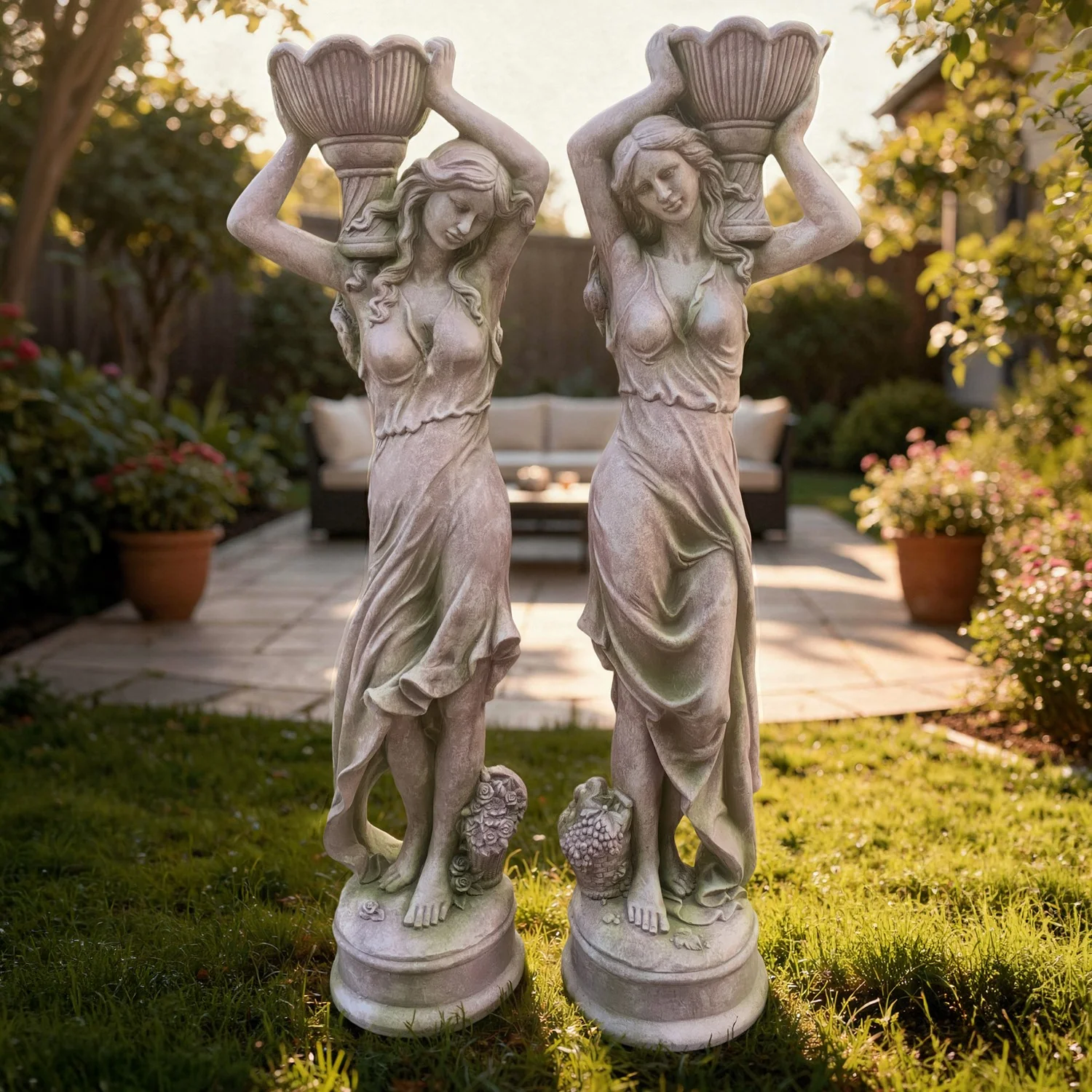Estate Garden Maidens Women with Floral Urns Statues 71" High