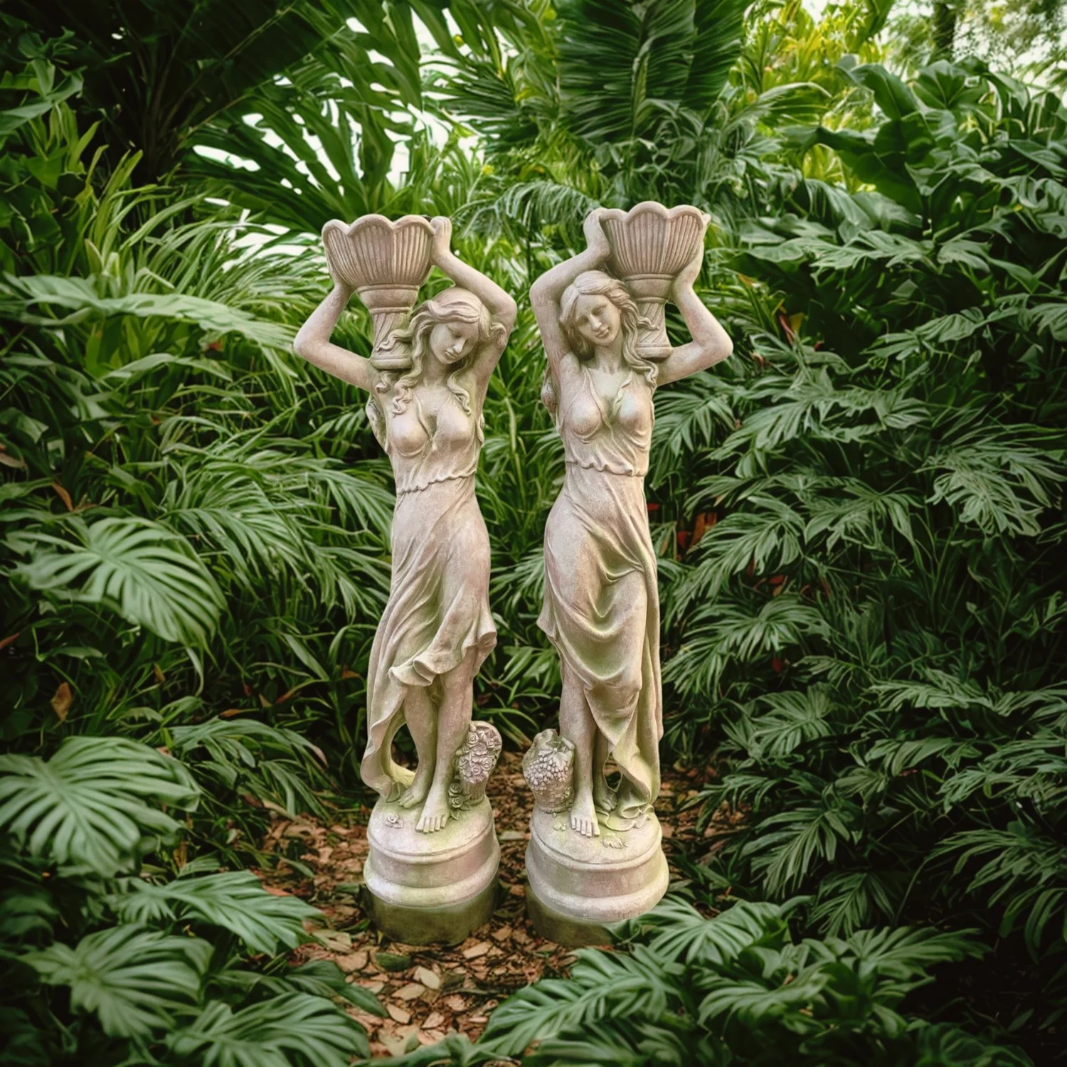 Estate Garden Maidens Women with Floral Urns Statues 71" High - Image 2