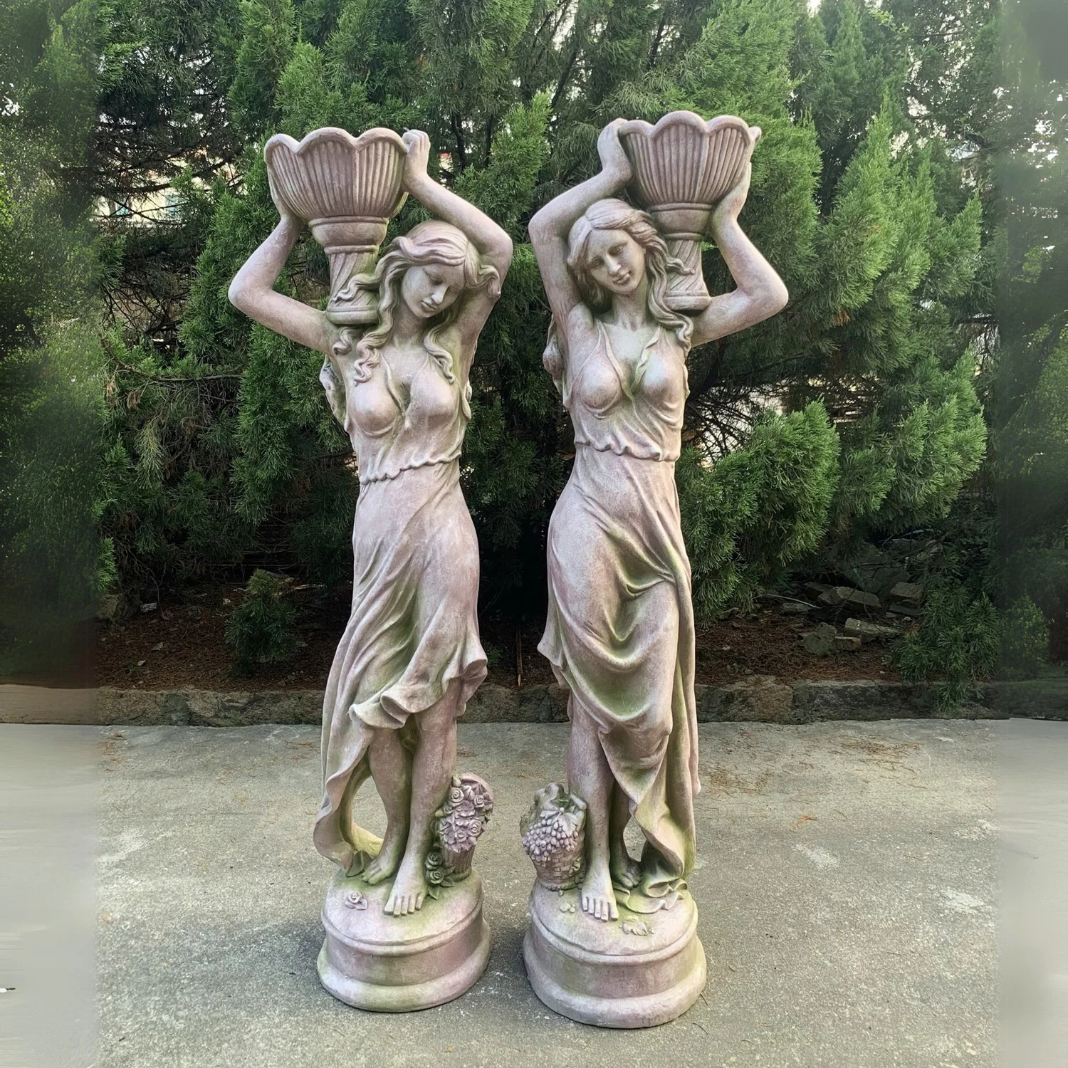 Estate Garden Maidens Women with Floral Urns Statues 71" High - Image 3