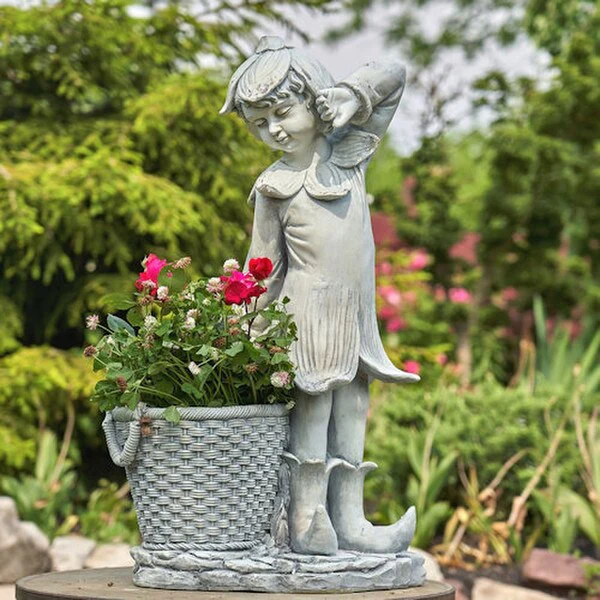 Fairy Garden Statue with Basket Planter Pixie 30" Tall