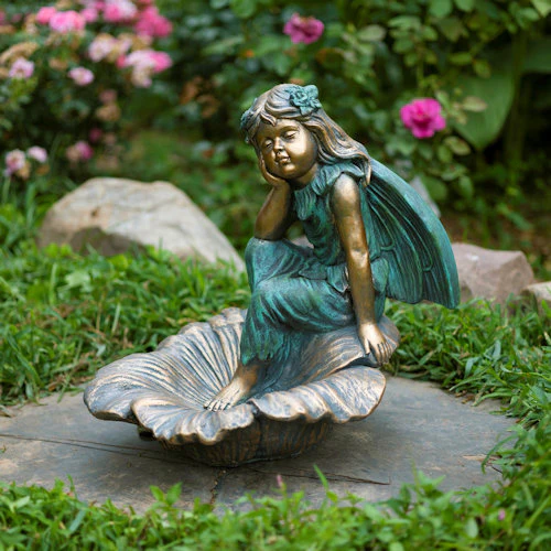 Fairy Sculpture Sitting on Flower Basin Birdbath 20" H