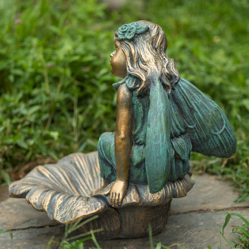 Fairy Sculpture Sitting on Flower Basin Birdbath 20" H - Image 3